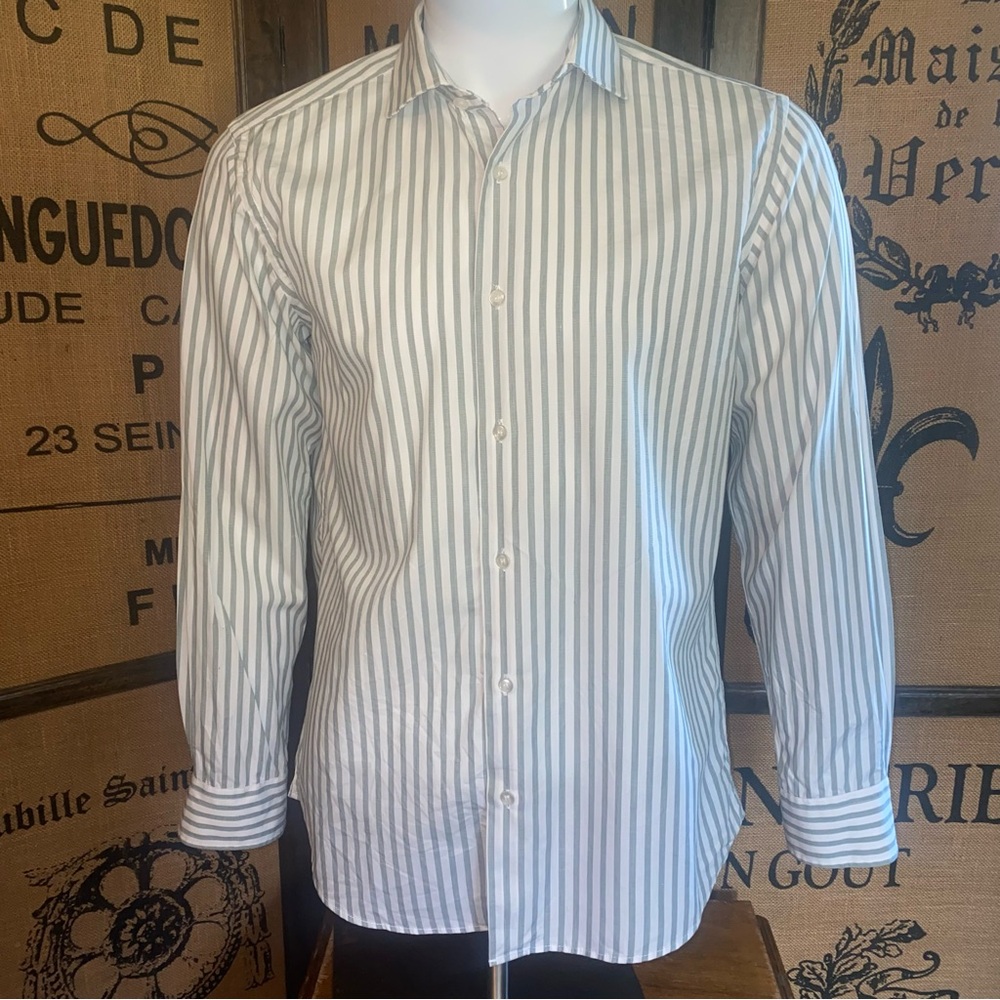 Galan Camiseria Sage and White Striped Shirt, 40